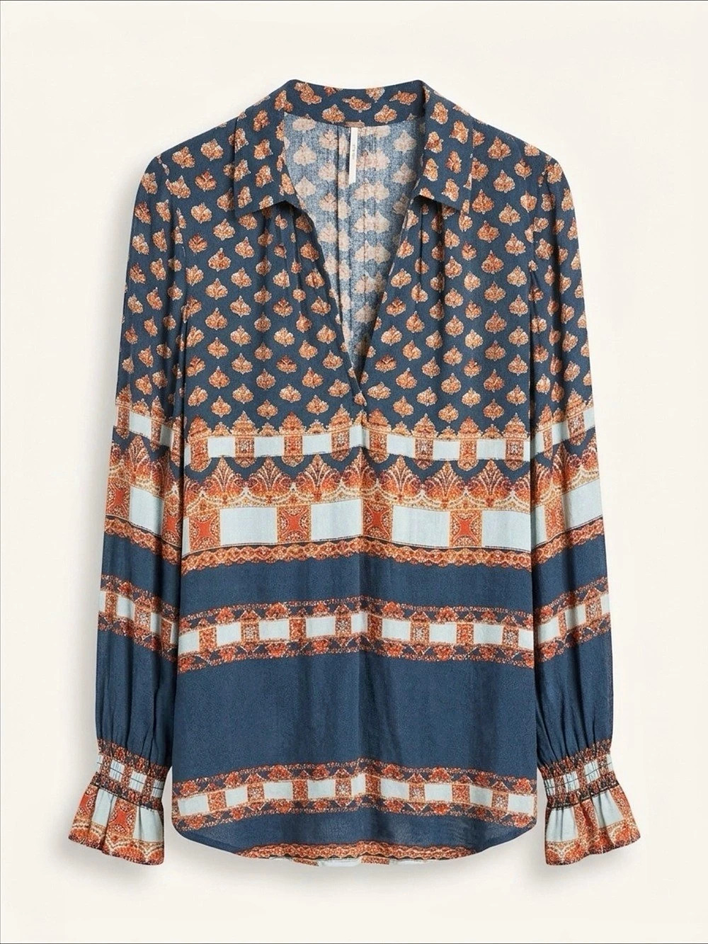 Free People I Found You Printed Top Blouse Blue & Orange Size Small